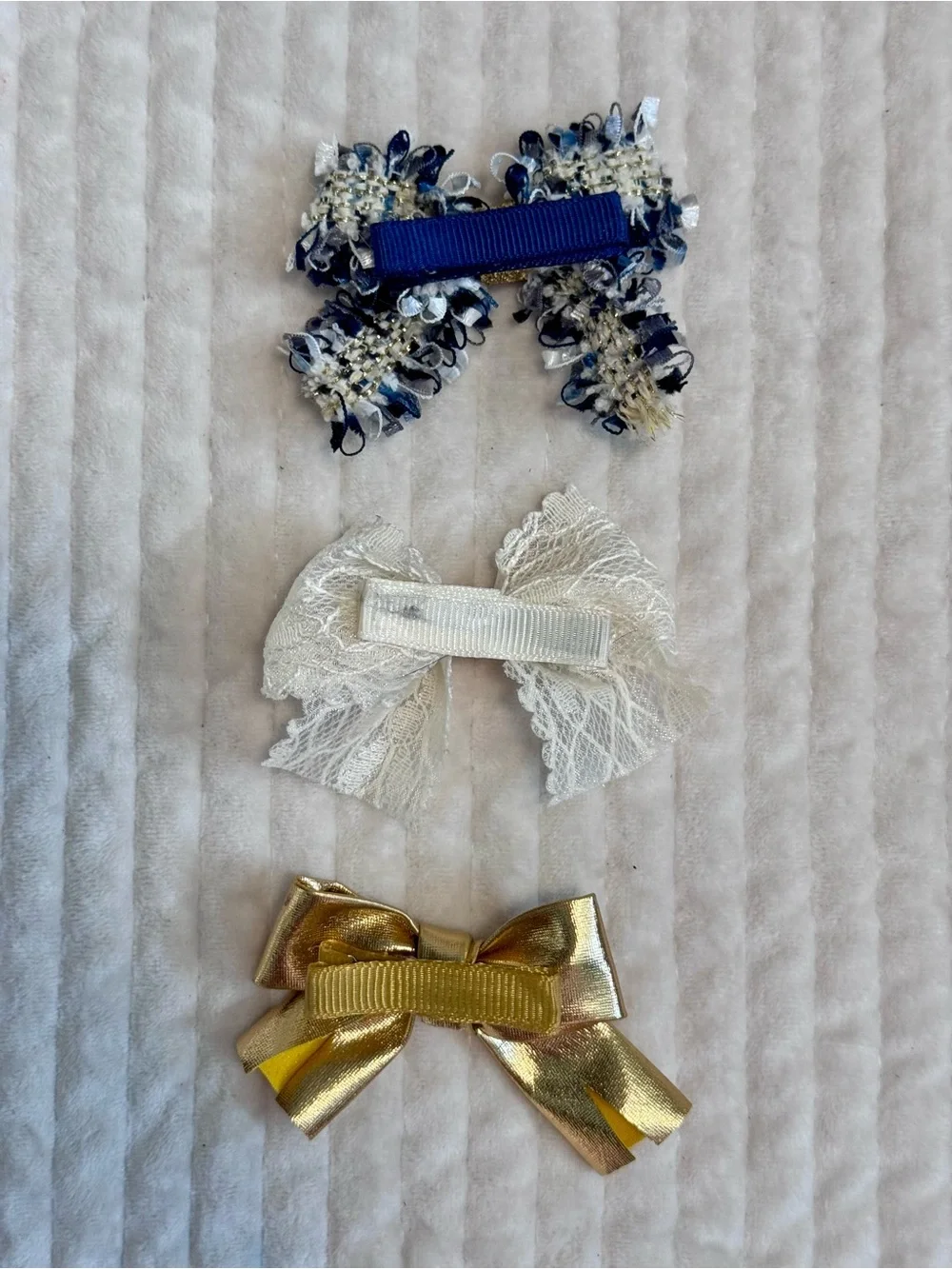 Kids Bow Hair Clips - Navy Tweed, Ivory, and Gold Set